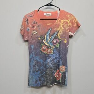 Y2K Vintage Celebutante Tattoo Art Graphic T Shirt Large Bird Rose Cyber Grunge